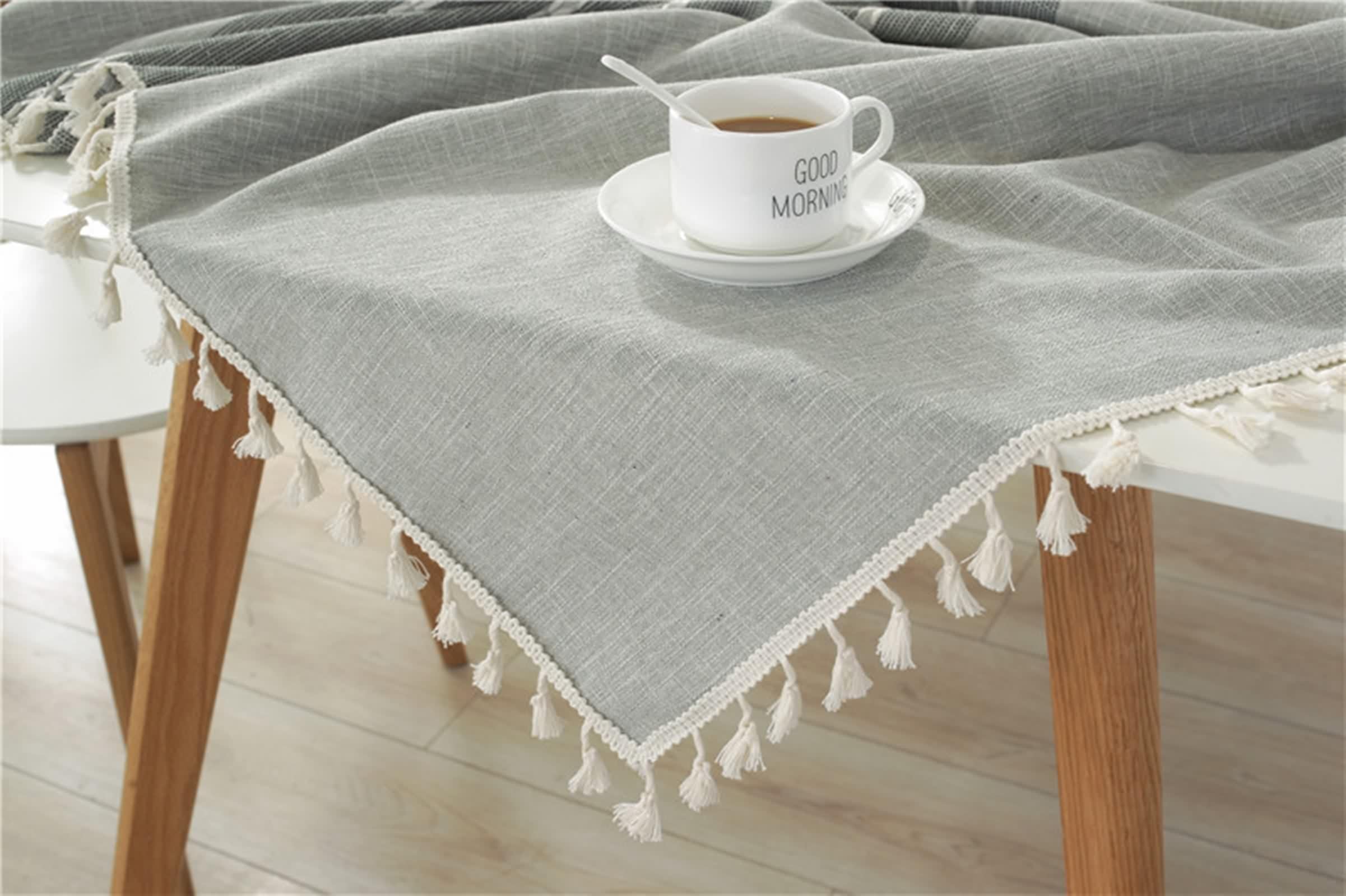 Tischdecke 120 X 120 Grau, Kleine Tischdecken Baumwolle Leinen Einfarbig mit Spitze Table Cloth für Geburtstag Party Hochzeit