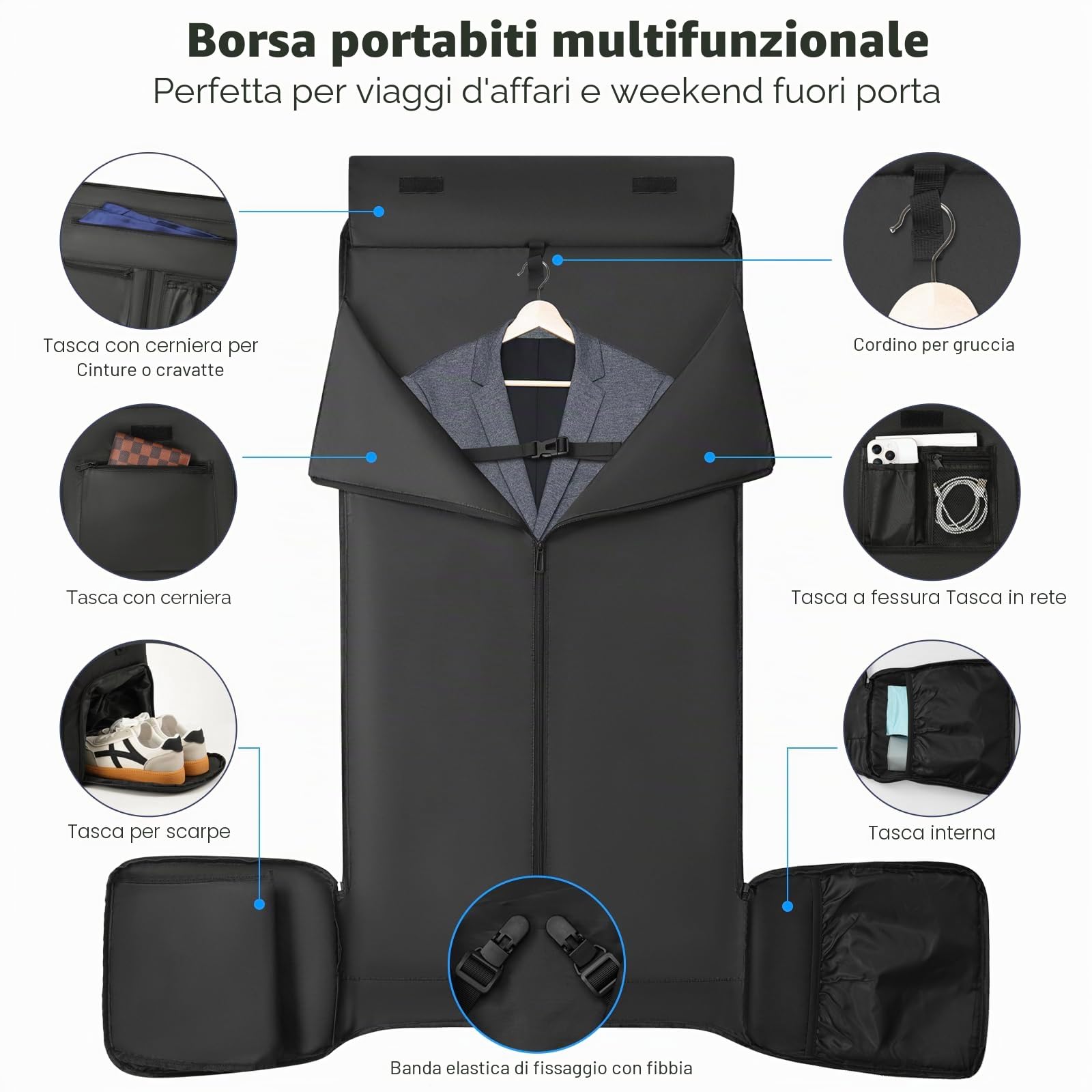Borsone porta abiti da uomo e donna, convertibile per viaggi, borsa da viaggio espandibile con scomparto per scarpe per viaggi di lavoro, fine settimana, matrimonio (nero)