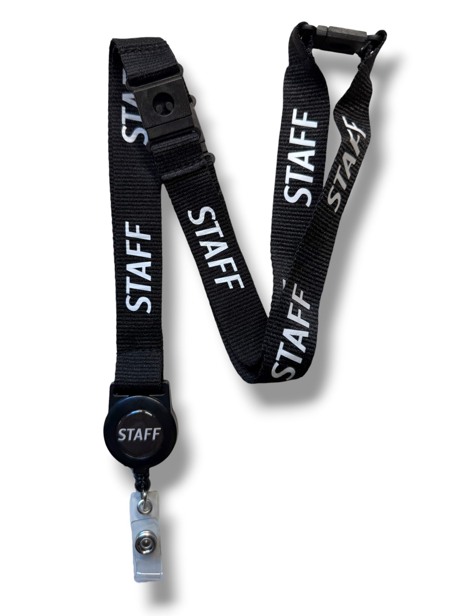 Staff Neck Lanyard, 20mm, with Triple Safety Breakaway and Integrated Retractable Badge Reel (10, Black)