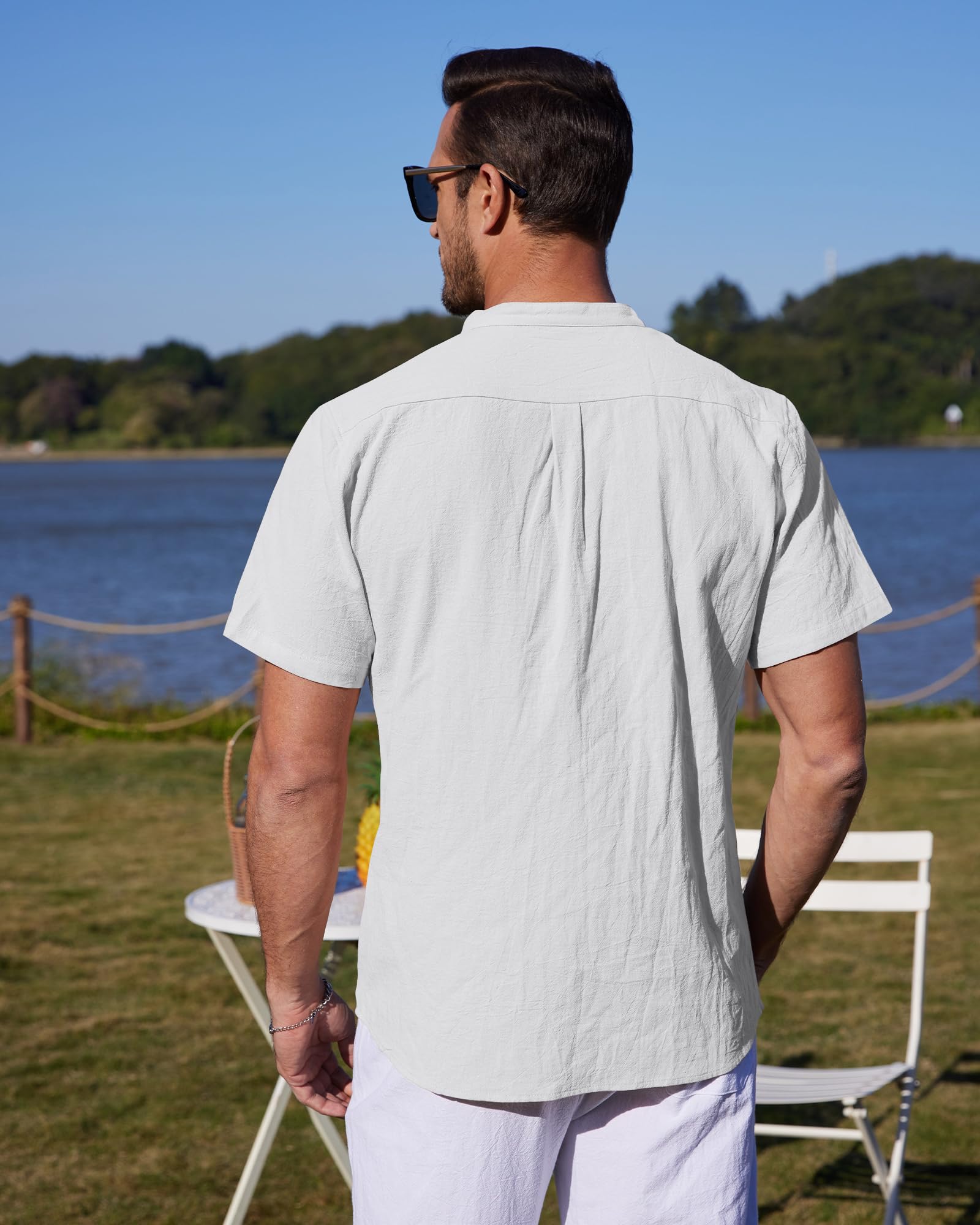 YAOBAOLE Chemise Lin Homme Manche Courte Chemise Col Mao Homme Été Casual Henley T Shirt