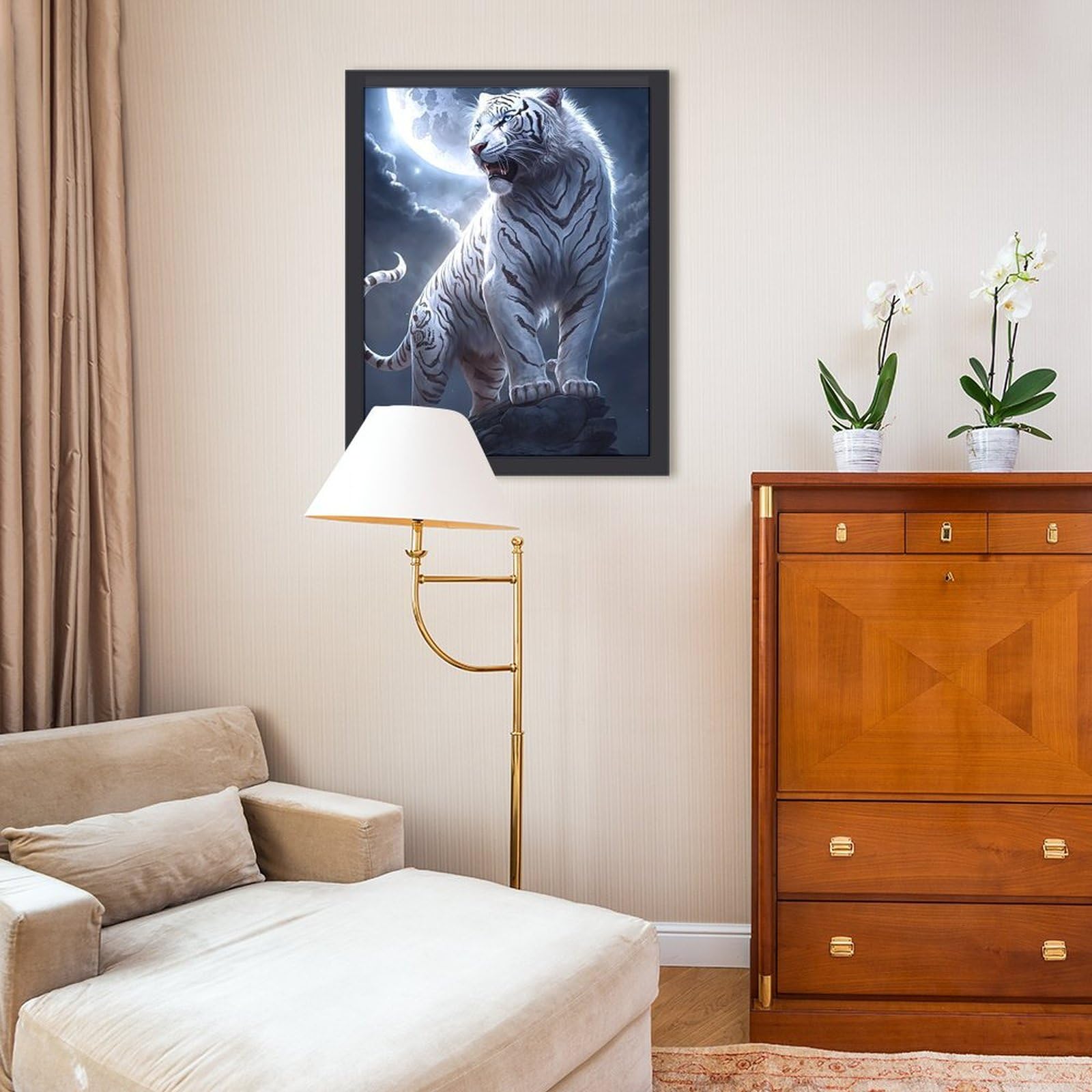 Amazon.co.jp: 岩の上に立つホワイトタイガー 絵画 絵 百獣の王 アート