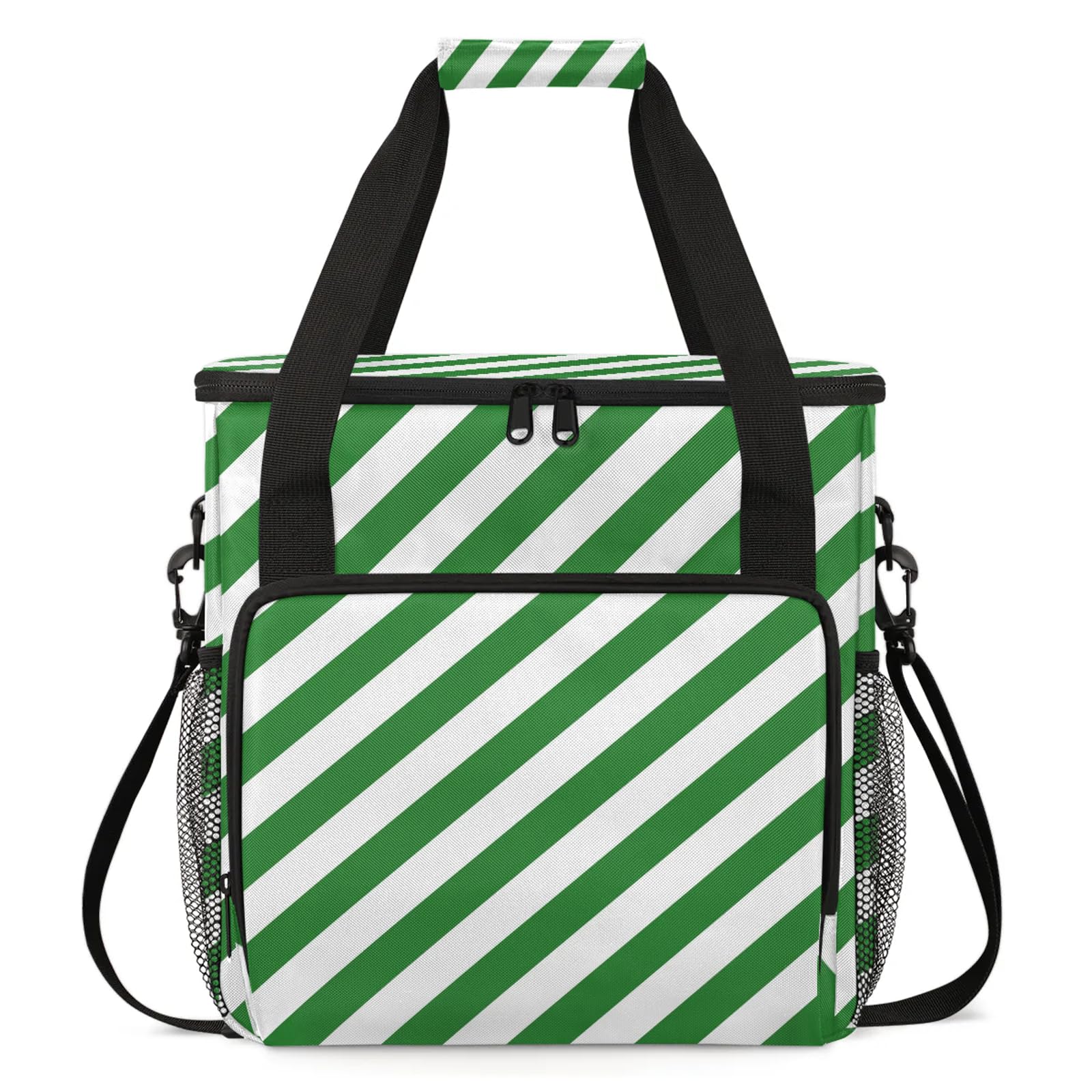 Adornori Stripe Green Travel Coffee Maker Carrying Bag, Large Organizer Storage Tote Bag Insulated Reusable Cooler Grocery Bags