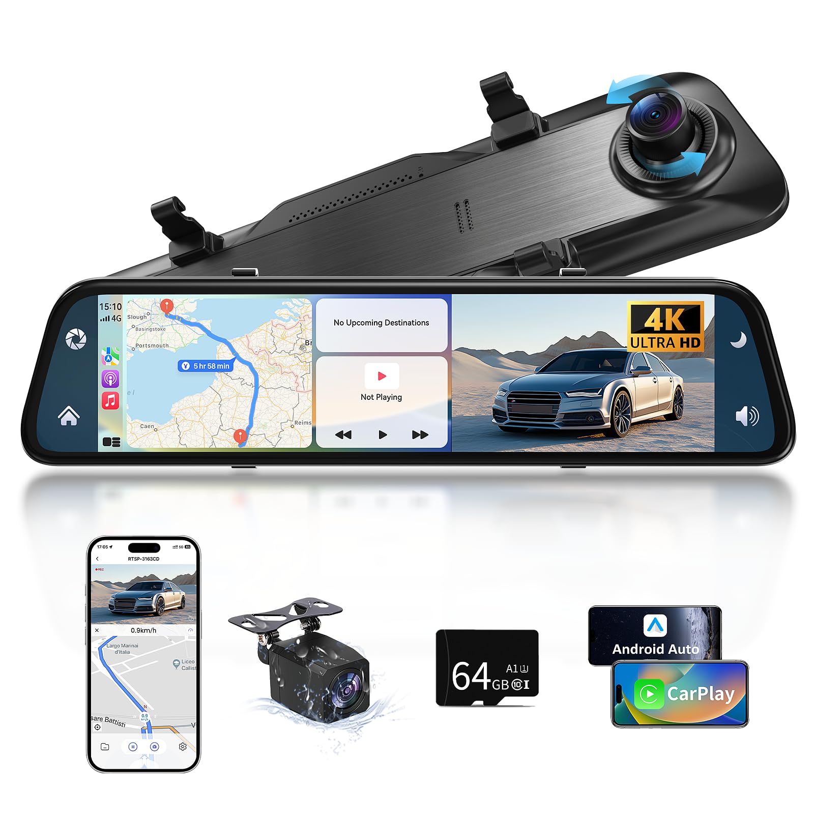 12,5 Zoll 4K Rückfahrkamera Spiegel mit Wireless CarPlay Android Auto Dashcam Einparkhilfe Navigation Bluetooth Mirror Link WDR AUX 64G SD-Karte