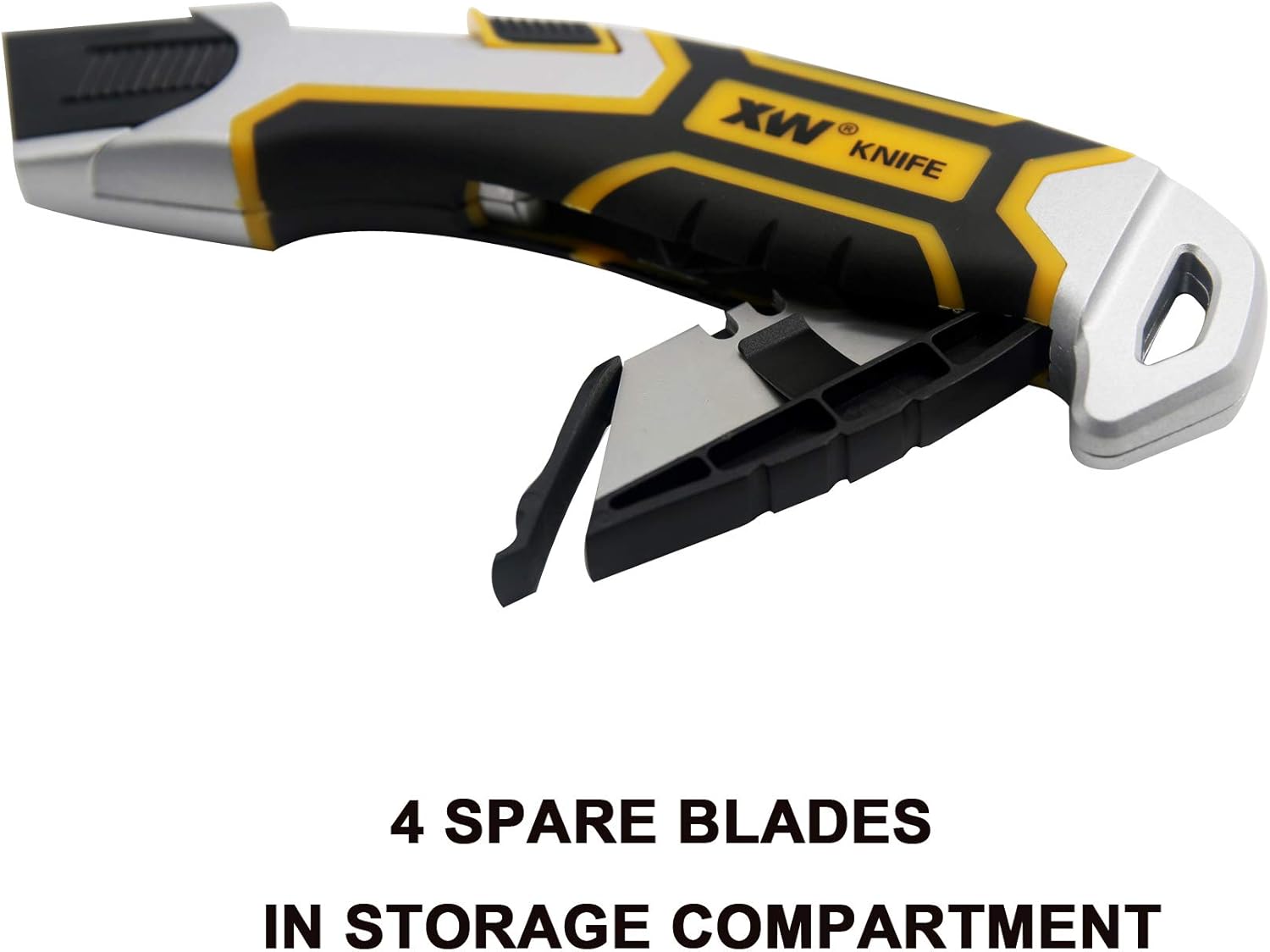 XW Auto-Retractable Safety Utility Knife, Box Cutter of Quick Blade Change, 4 Spare Blades Storage in Handle