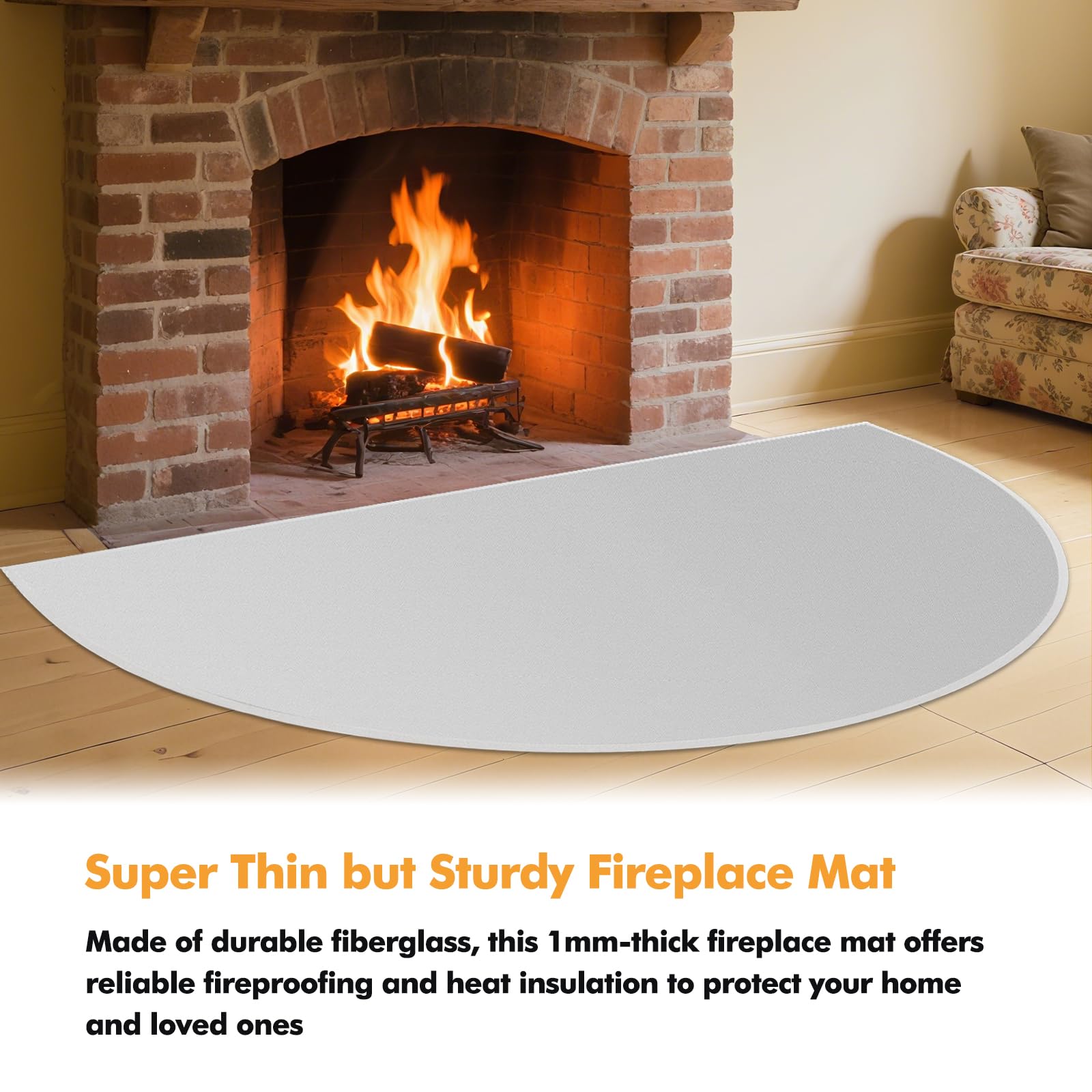 TOHONFOO Tappetino ignifugo per camino, 71 x 122 cm, semicircolare, resistente alla fiamma, in fibra di vetro, resistente al fuoco, protegge i pavimenti da scintille e braci