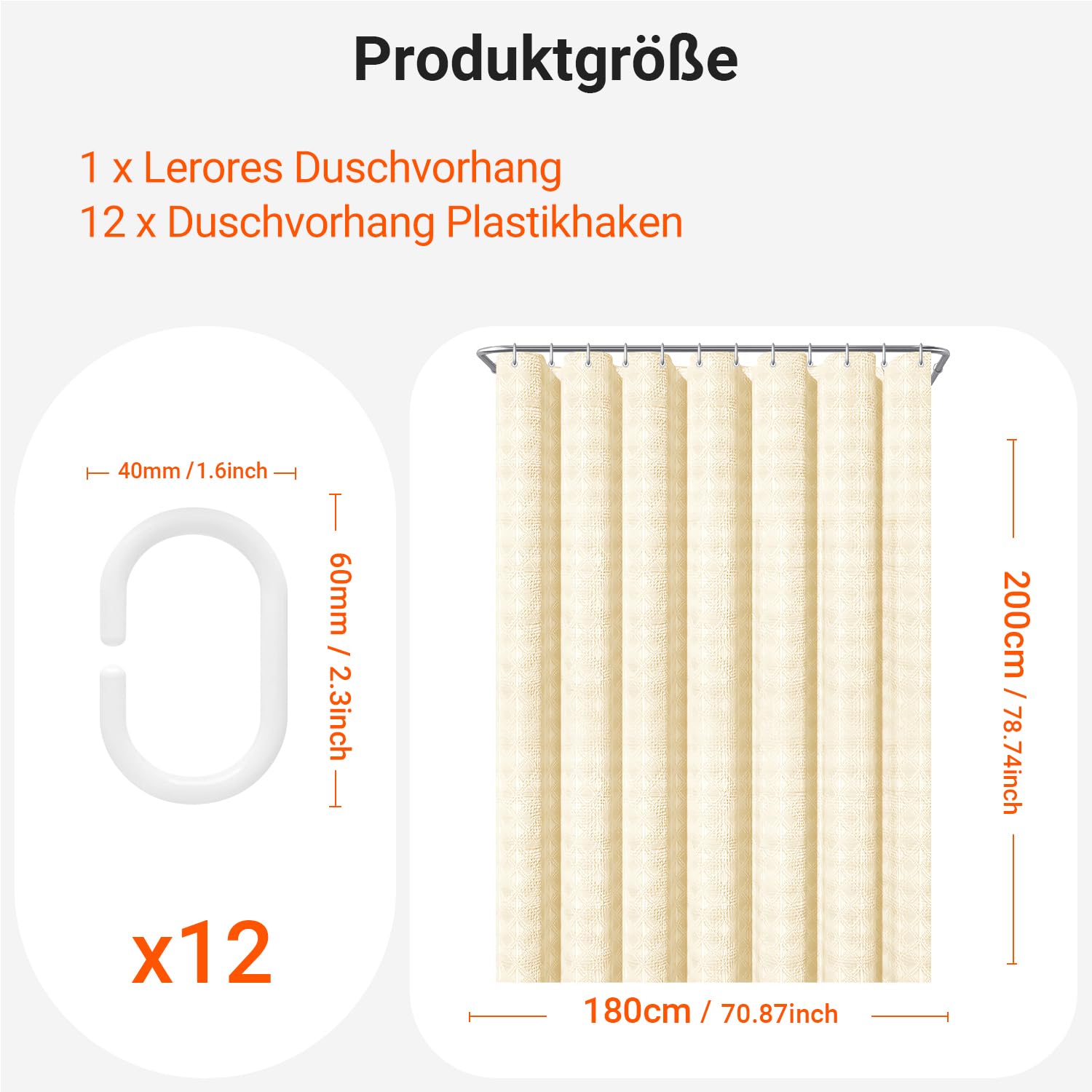 Lerores Rideau de douche 180 x 200 cm - Motif gaufre diamant - Beige - Ourlet lesté - Textile anti-moisissure - Imperméable - Lavable - Tissu polyester - Pour salle de bain, baignoire - Avec 12