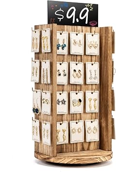 Pinzoveco Rotating Earring Display Stands for Selling with Adversitsing Board, Real Wood Jewelry Display Stand for Vendors, Large Capacity Earring Cards for Selling Rack Holder Carbonized Brown