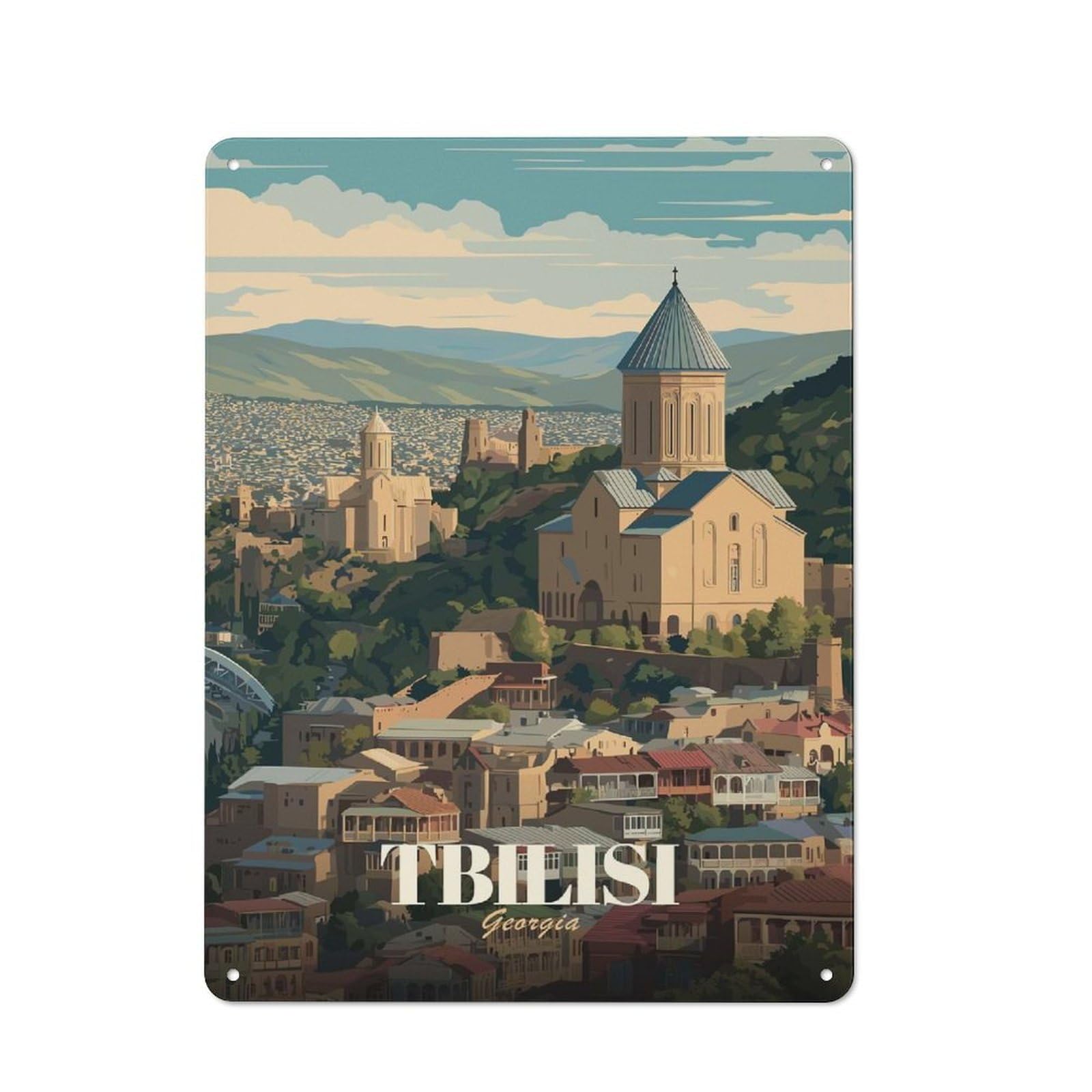 Junmoney Style-8 Metal Wall Sign 40X30cm Featuring Tbilisi Georgia Cityscape Illustration For Workshop Wall, For Room Styling Across Workshops And Hobby Rooms
