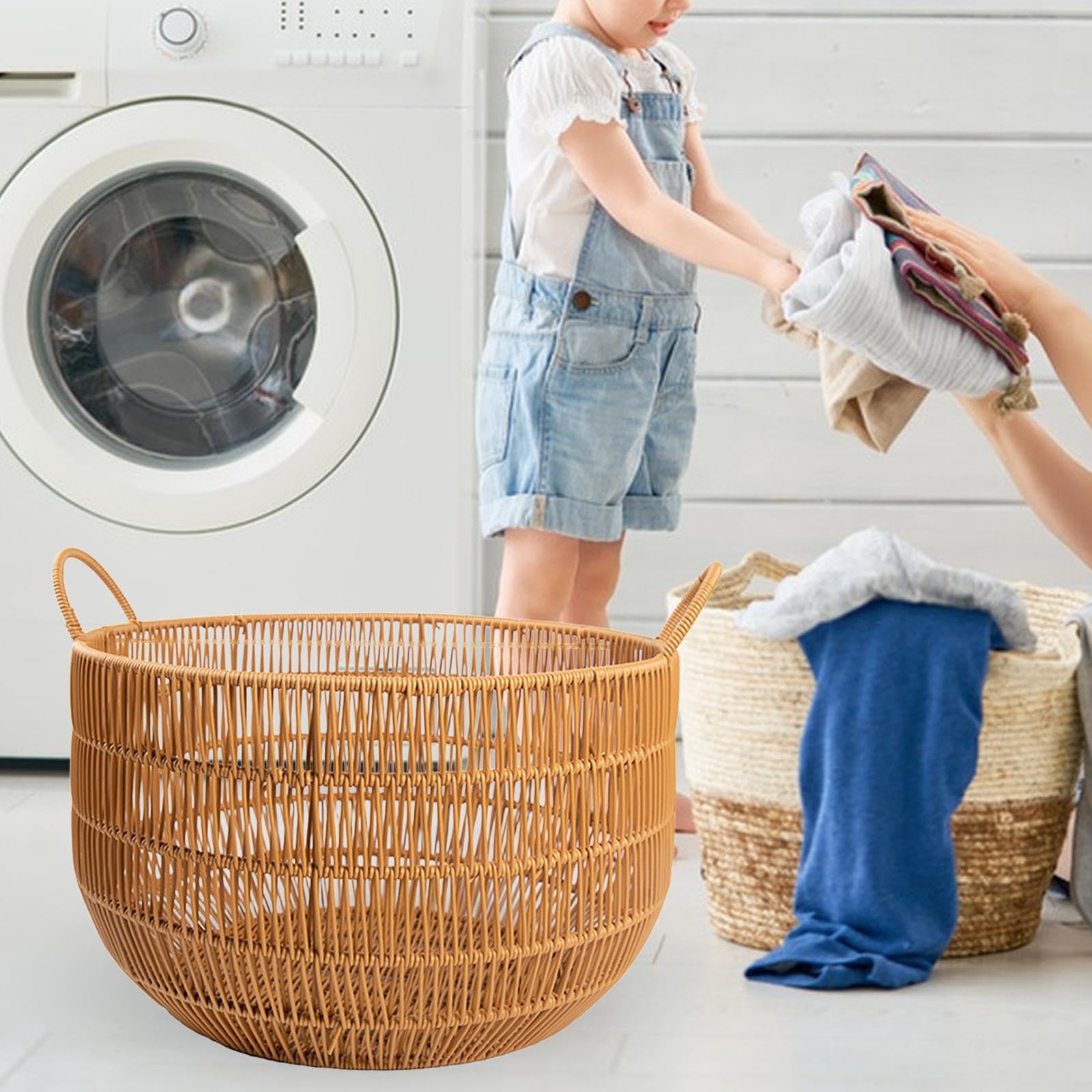 Cesto portabiancheria con manico, robusto contenitore intrecciato, | capacità per un facile accesso al bucato, cesto intrecciato con manico per bagno del dormitorio