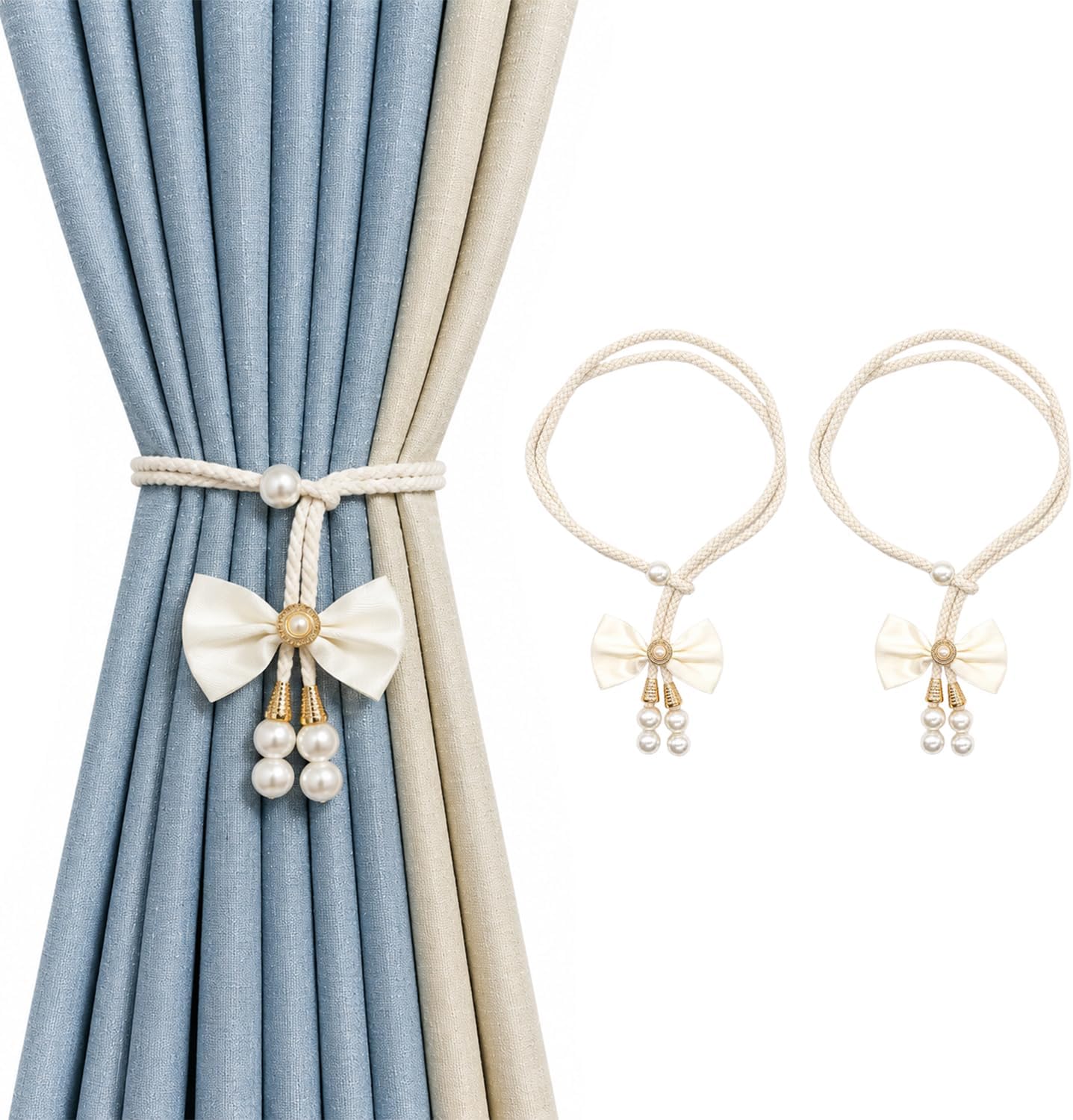 Beige Bear Curtain Tiebacks 2 Pack, Adjustable No-Drill Rope Ties