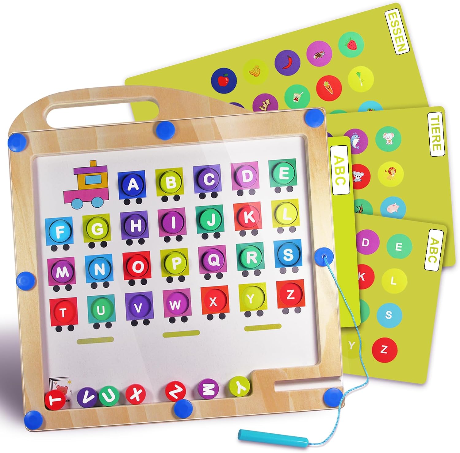 Magnetisches Alphabet Labyrinth 3‑in‑1 Montessori Lernspiel – Holz, austauschbare Themenkarten (ABC, Tiere, Essen)