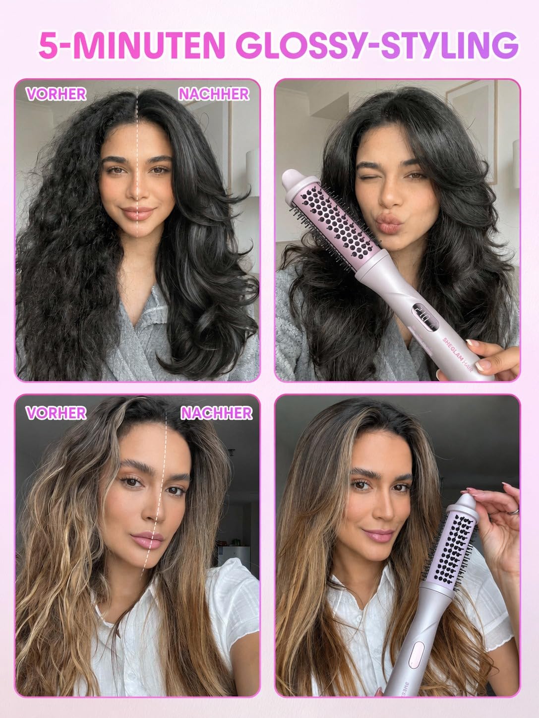 SHEGLAM Dampf-Thermobürste, 4-in-1 Rundbürste 38 mm | 3 Dampfstufen, Nano-Dampf Anti-Scald, schnelles Heizen, weniger Schäden, Anti-Frizz, Dual Voltage, Volumen, langer Halt