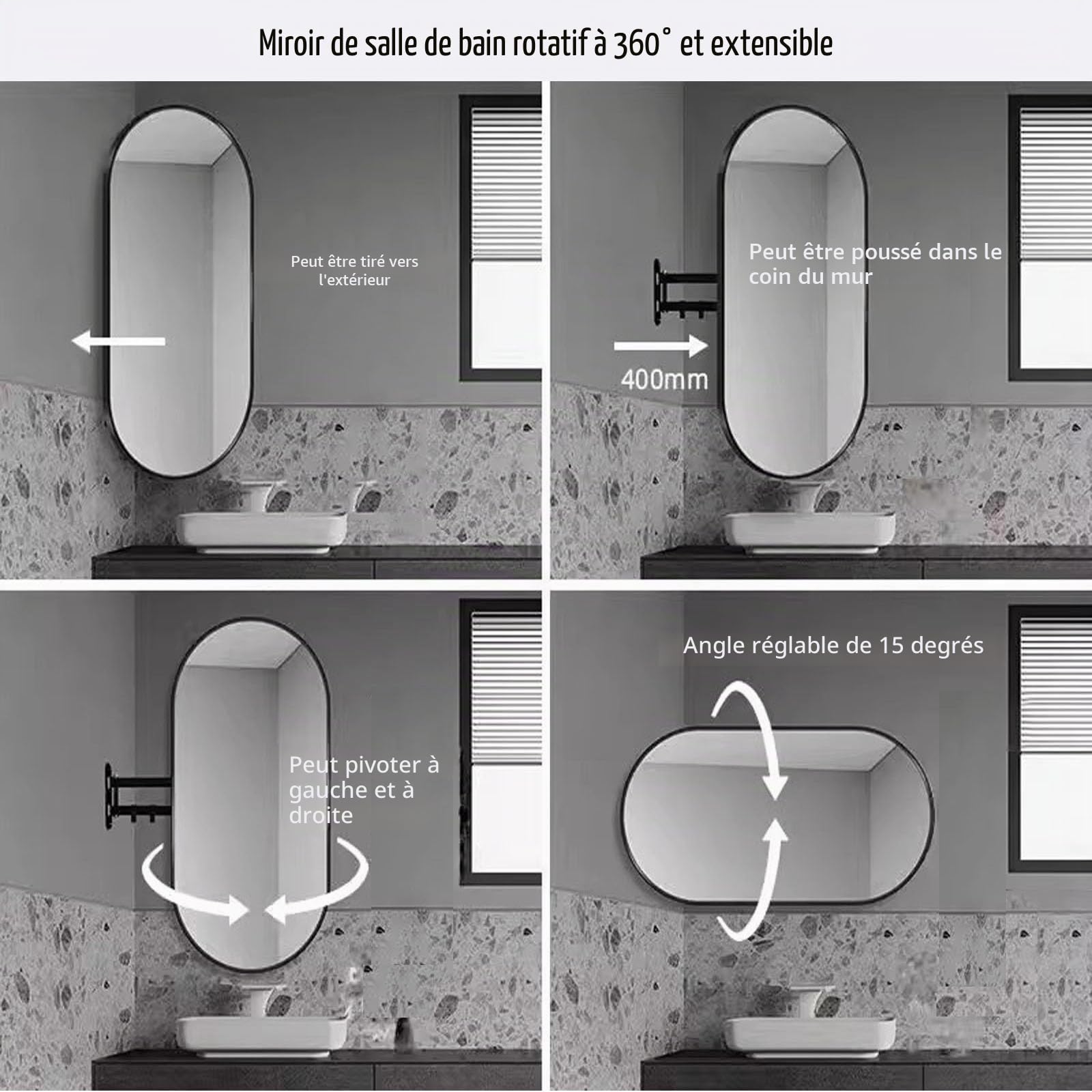 Miroir De Salle De Bain Ovale 30x50cm 35x60cm 30x60cm 40x70cm 40x80cm 50 X 90cm Miroir Mural D'angle Pivotant Miroir De Maquillage Mural Rotatif Avec Cadre En Métal Miroir Décoratif(Black,W30xL50cm)