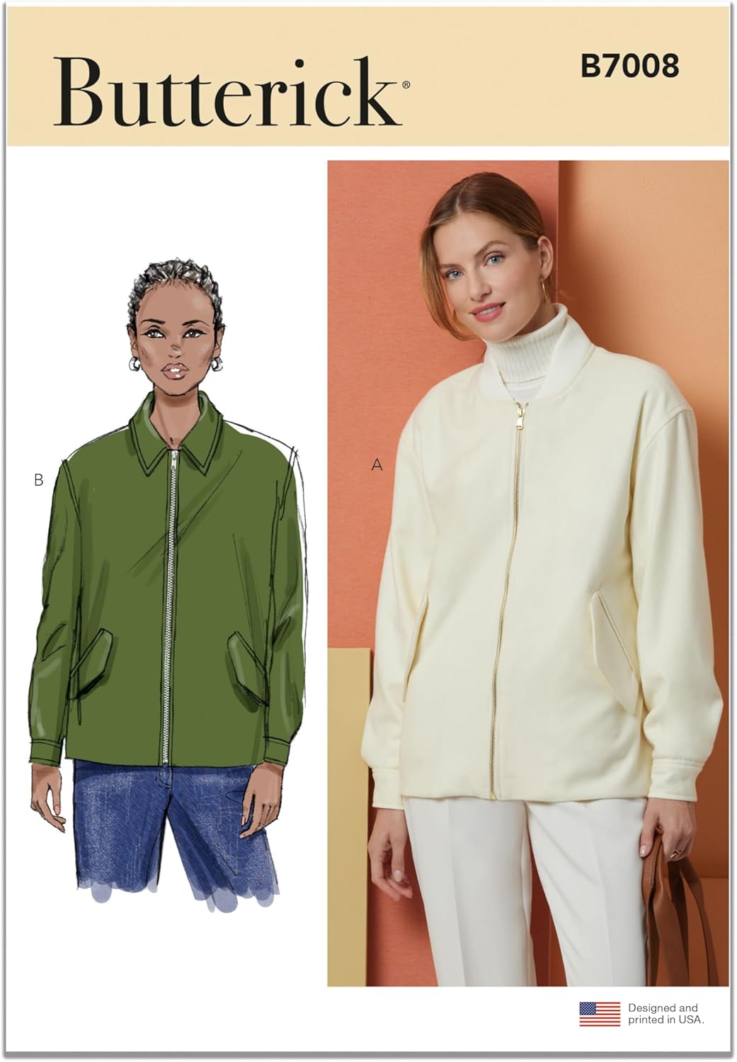 Butterick B7008U5 Misses' Loose Fitting Lined Bomber Jackets Sewing Pattern Packet, Design Code B7008, Sizes 16-18-20-22-24
