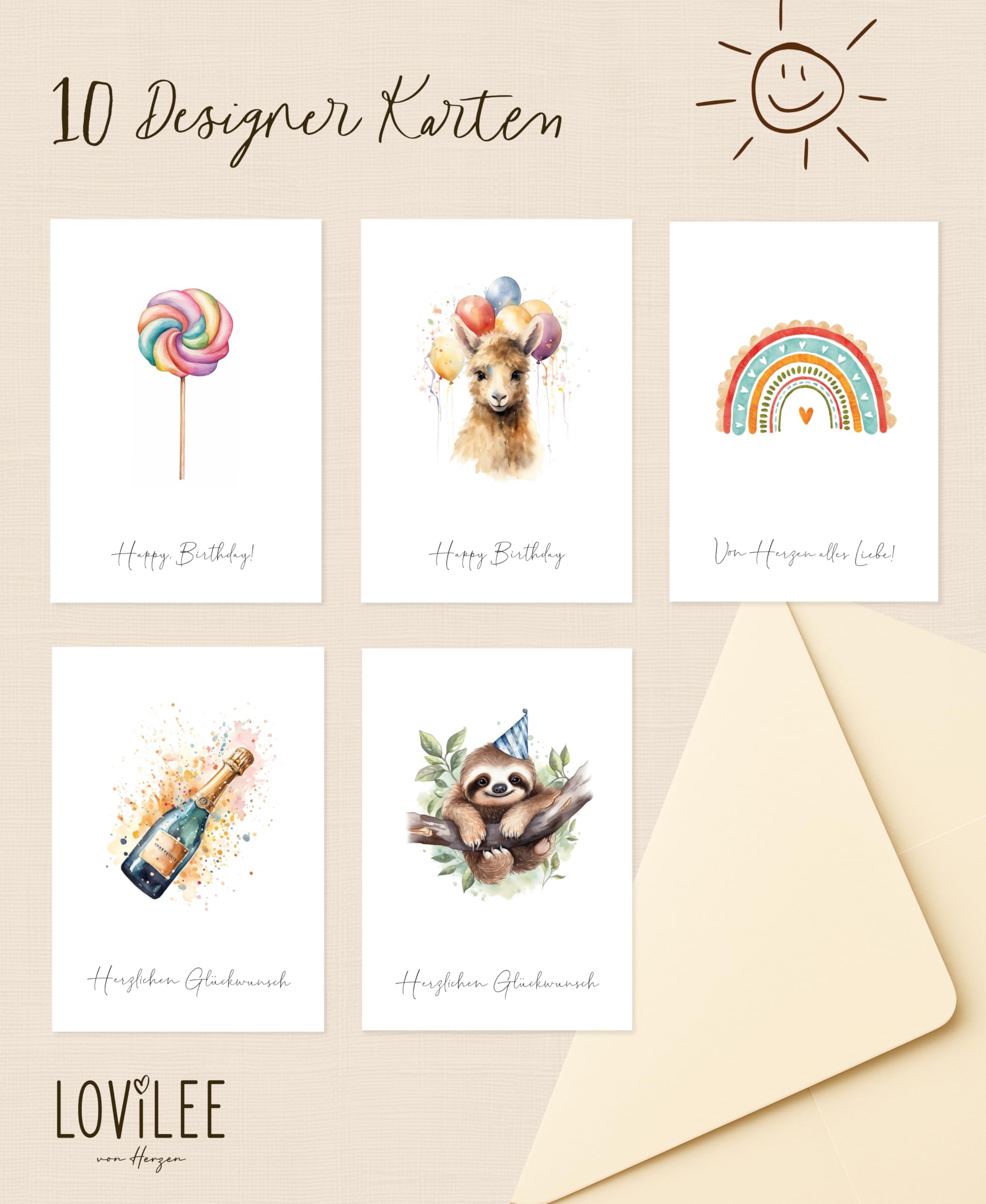 LOViLEE Set Di 10 Biglietti Di Auguri Di Compleanno Con Busta E Adesivi,  Biglietti Di Auguri Di Compleanno, Biglietto Di Compleanno Per Donna, ..., image size:2096x2560