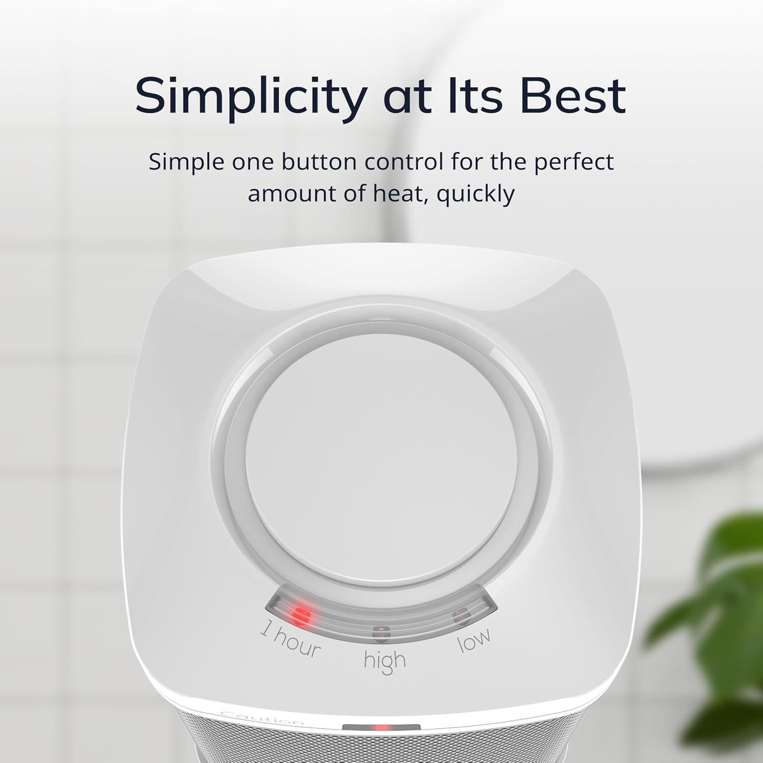 Top view of Lasko CD08200 heater showing the single control button with 1 hour, high, and low settings