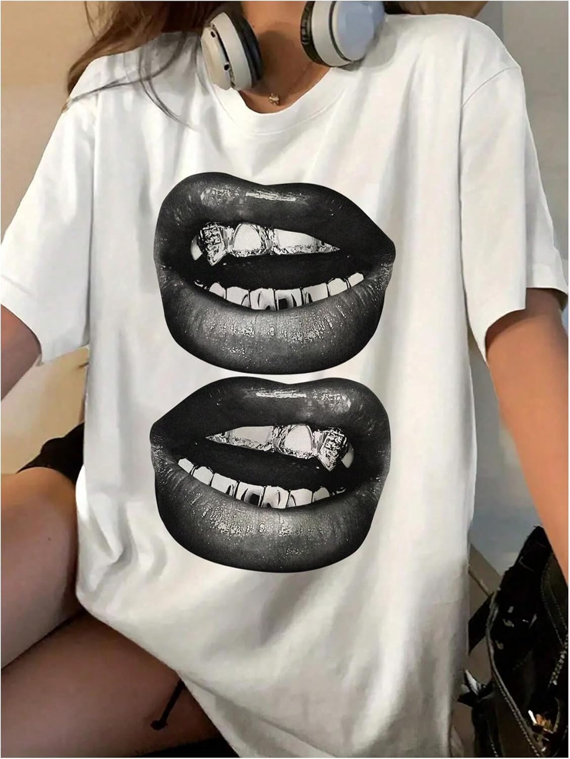 GORGLITTER Women's Lip Pattern Oversized T Shirt Half Sleeve Crewneck Graphic Tees Top - Image 2