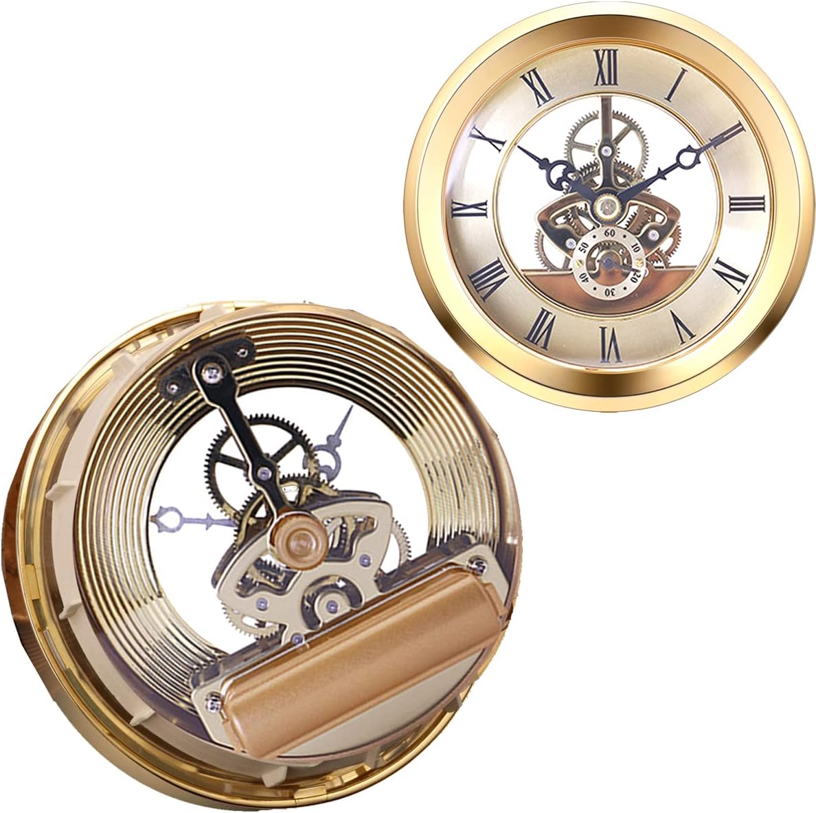 HILLHOME Transparent Mini Clock Insert 4 1/16 Inch (103mm) Round Quartz Clock Fit-up Movement Miniature Clock Gold Dial Gold Tone Bezel Roman Numerals (Gold)