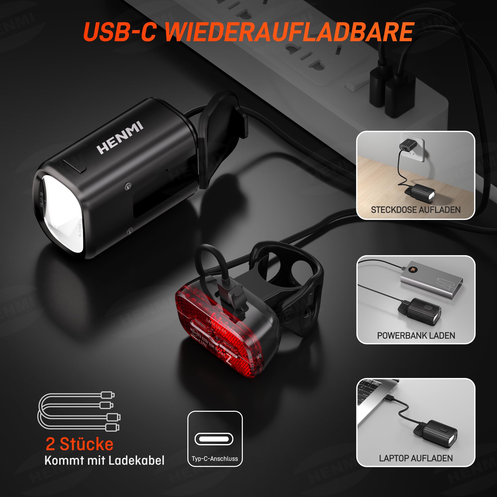 HENMI Fahrradlicht Set,USB Aufladbar Fahrradbeleuchtung Set,Stvzo Zugelassen Fahrradlicht vorne, Fahrrad Rücklicht mit Bremsfunktion und Reflektor, IPX5 Wasserdicht