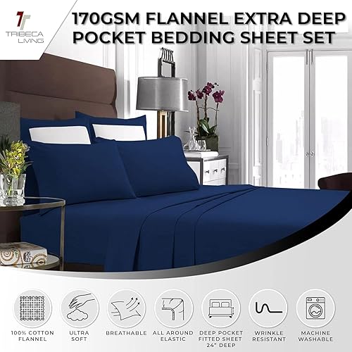 Miniatura 4 de Tribeca Living Sábana bajera ajustable de franela lisa de lujo con bolsillo extra profundo, se adapta a colchones de hasta 24 pulgadas, azul oscuro