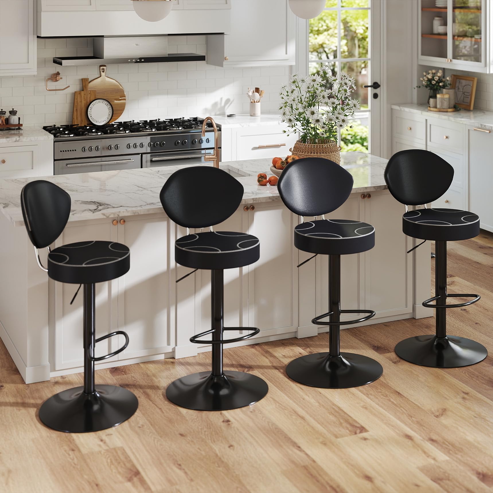Youhauchair Bar Stools Set of 4, Height Adjustable Swivel Bar Stool, 360° Swivel Bar Stools with Backrest, Faux Leather Breakfast Bar Stools, Kitchen Stools, Black