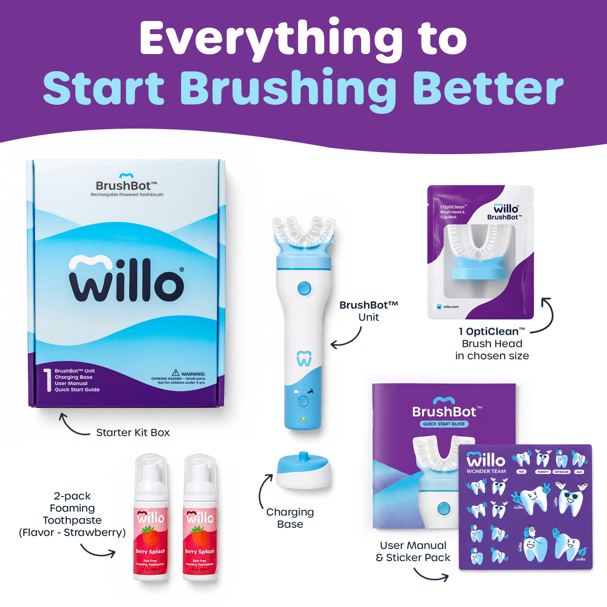 Willo BrushBot - Starter kit per bambini a forma di U, spazzolino automatico per bambini, timer da 2 minuti, connettività con app, setole morbide, ricaricabile, rimozione della placca, piccole bacche