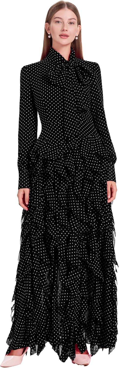 LAI MENG FIVE CATS Women's Elegant Chiffon Polka Dot Dress Tie Neck Ruffle Hem Flowy Maxi Dresses
