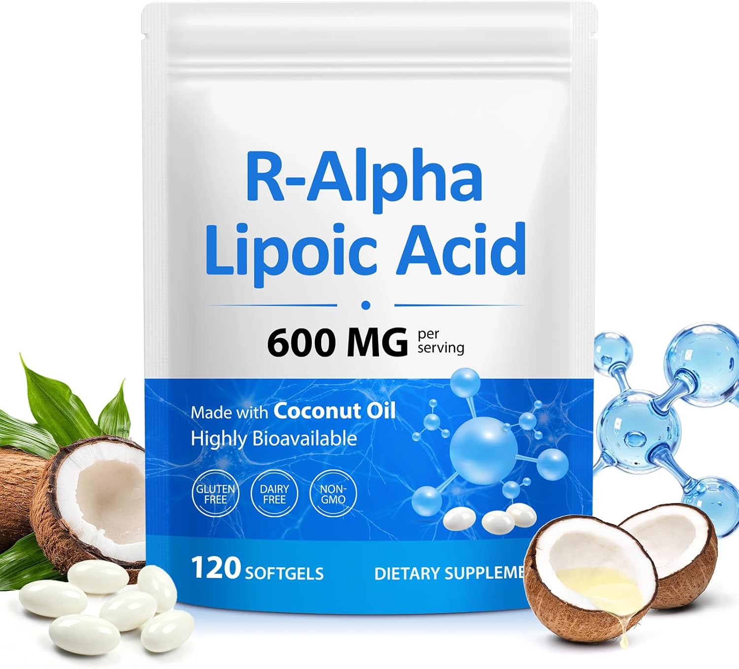 R-Alpha Lipoic Acid 600mg Per Serving for Energy Level, Vitality, Cognitive, Antioxidant Support, with MCT Oil, High Absorption|Gluten Free, No Soy, 120 Pcs