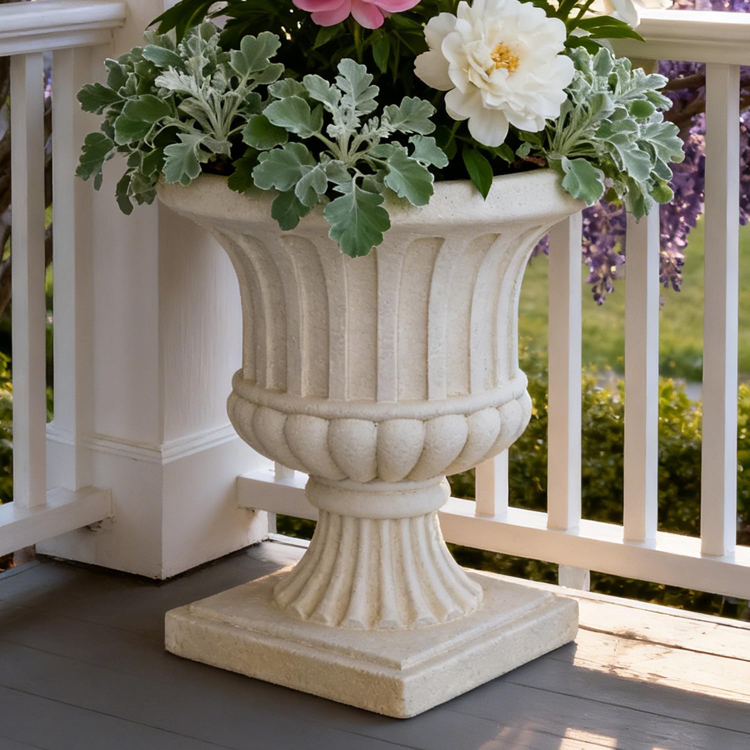 Roman Fluted Resin Urn Planter White Urn Planter for Outdoor Plants Classic Decorative Garden Urn for Patio Porch & Wedding Centerpiece