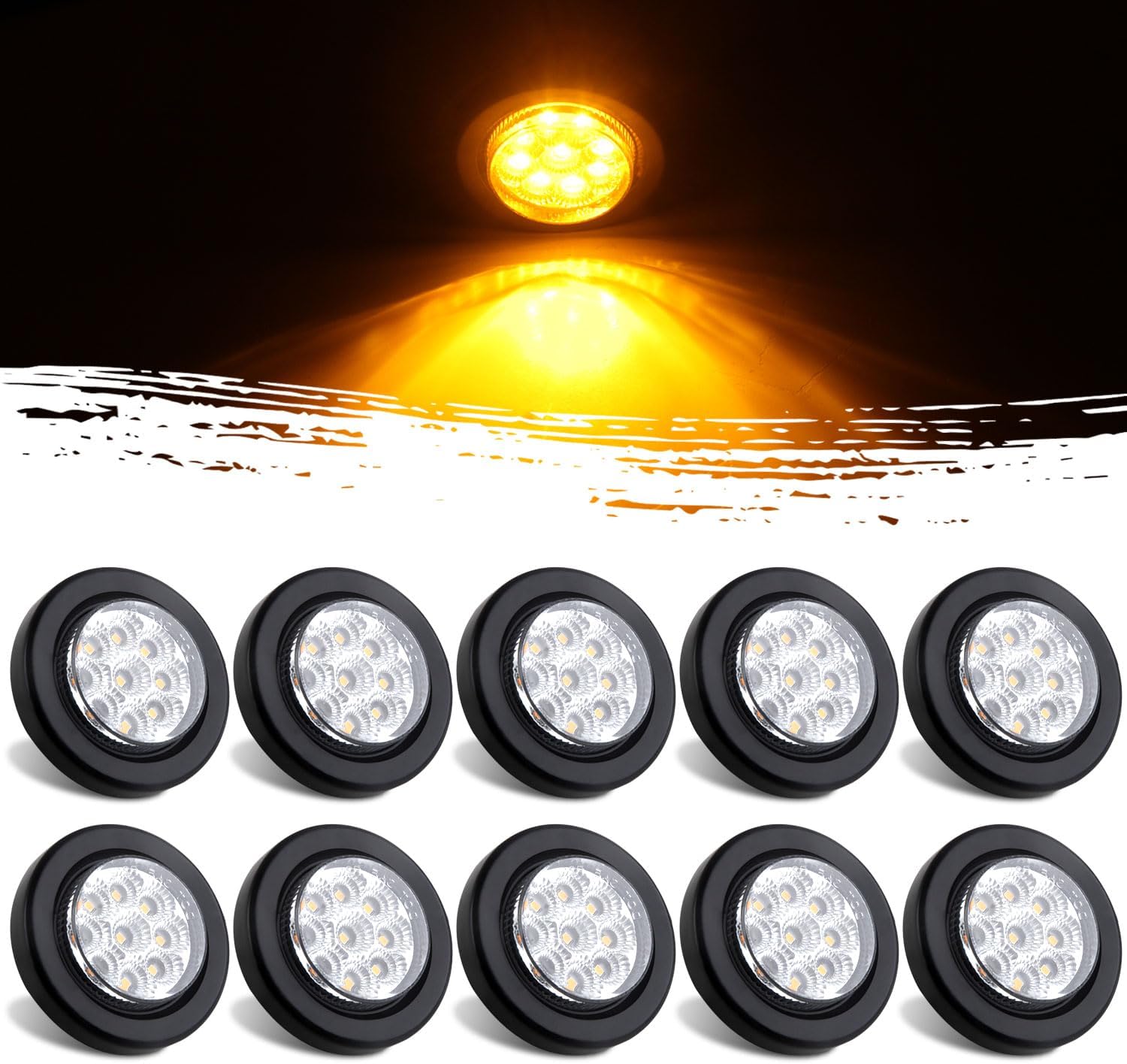 10Pcs 2” Inch Round Led Marker Lights 9 Amber LED Reflectors Clear Lens, 2 Inch Round LED Truck Trailer Clearance Side Marker Lights w/Light Grommets and 2 Prong Trailer Wire Pigtails 12V Waterproof