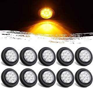 10Pcs 2” Inch Round Led Marker Lights 9 Amber LED Reflectors Clear Lens, 2 Inch Round LED Truck Trailer Clearance Side Marker Lights w/Light Grommets and 2 Prong Trailer Wire Pigtails 12V Waterproof