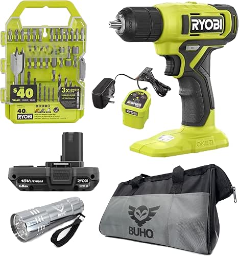 Drill Set Bundle with Ryobi 18V Cordless Drill, 1.5 Ah