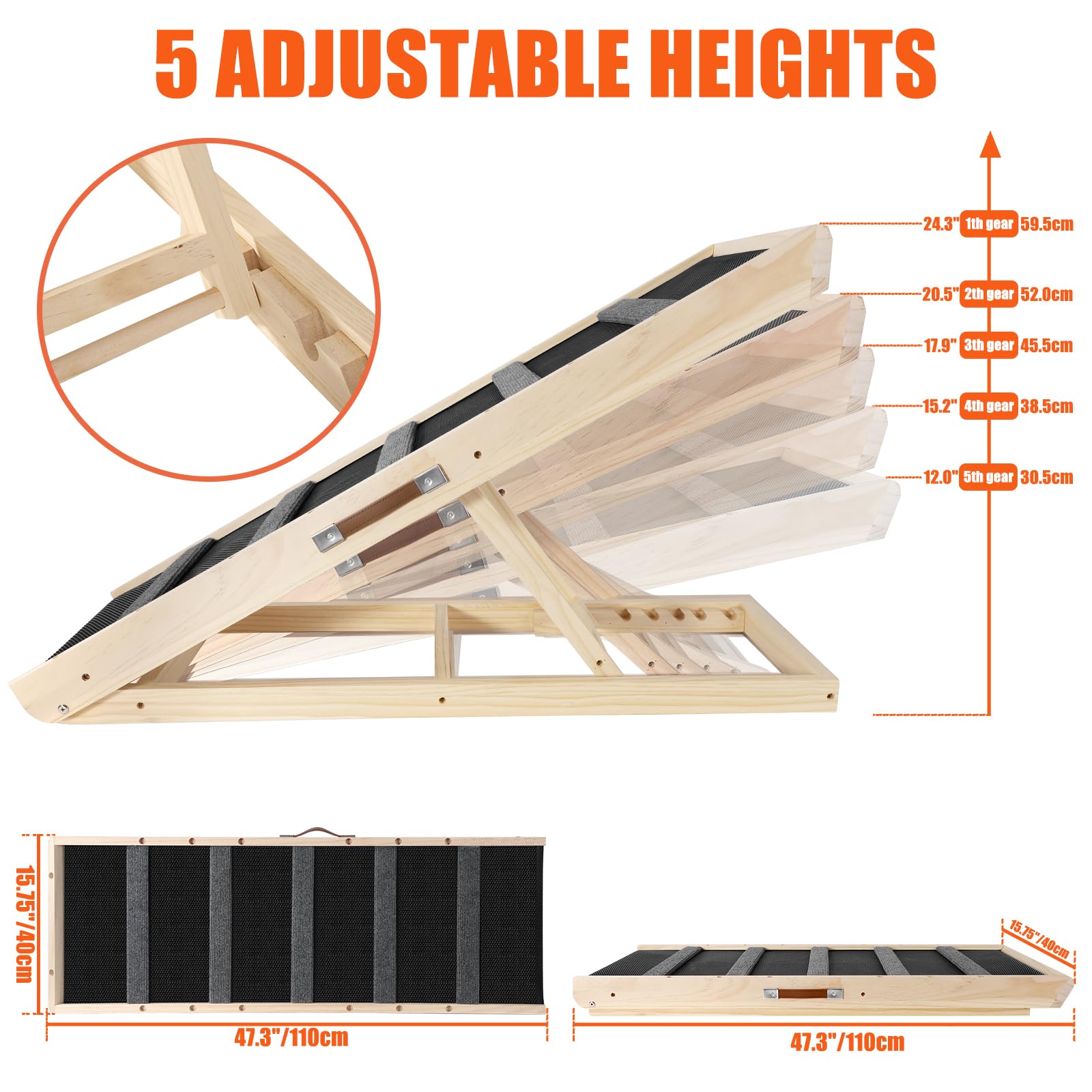 Vielseitige Holzklappbare tragbare Haustierrampe, geeignet für Katzen und Hunde in Allen Größen, 110 cm Lange Rampe mit Verstellbarer Höhe von 12" bis 23,4".Dog Ramps-110ZT,DE