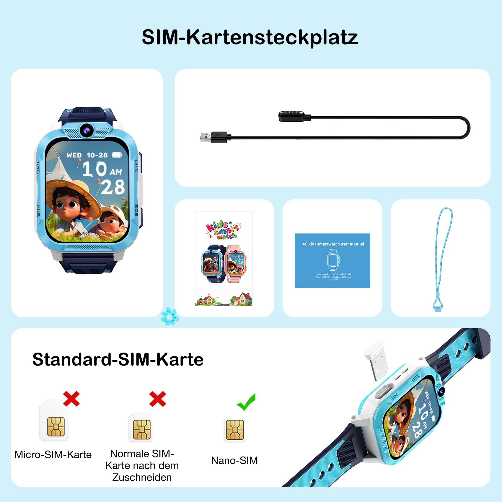 4G Smartwatch Kinder mit GPS und Telefon, SOS-Taste, Schulmodus | Kinder Telefonuhr mit SIM Slot, Taschenlampe，Sprachchat, Schrittzähler, IP68, Kinderuhr für Jungen Geschenke 4-12 Jahren