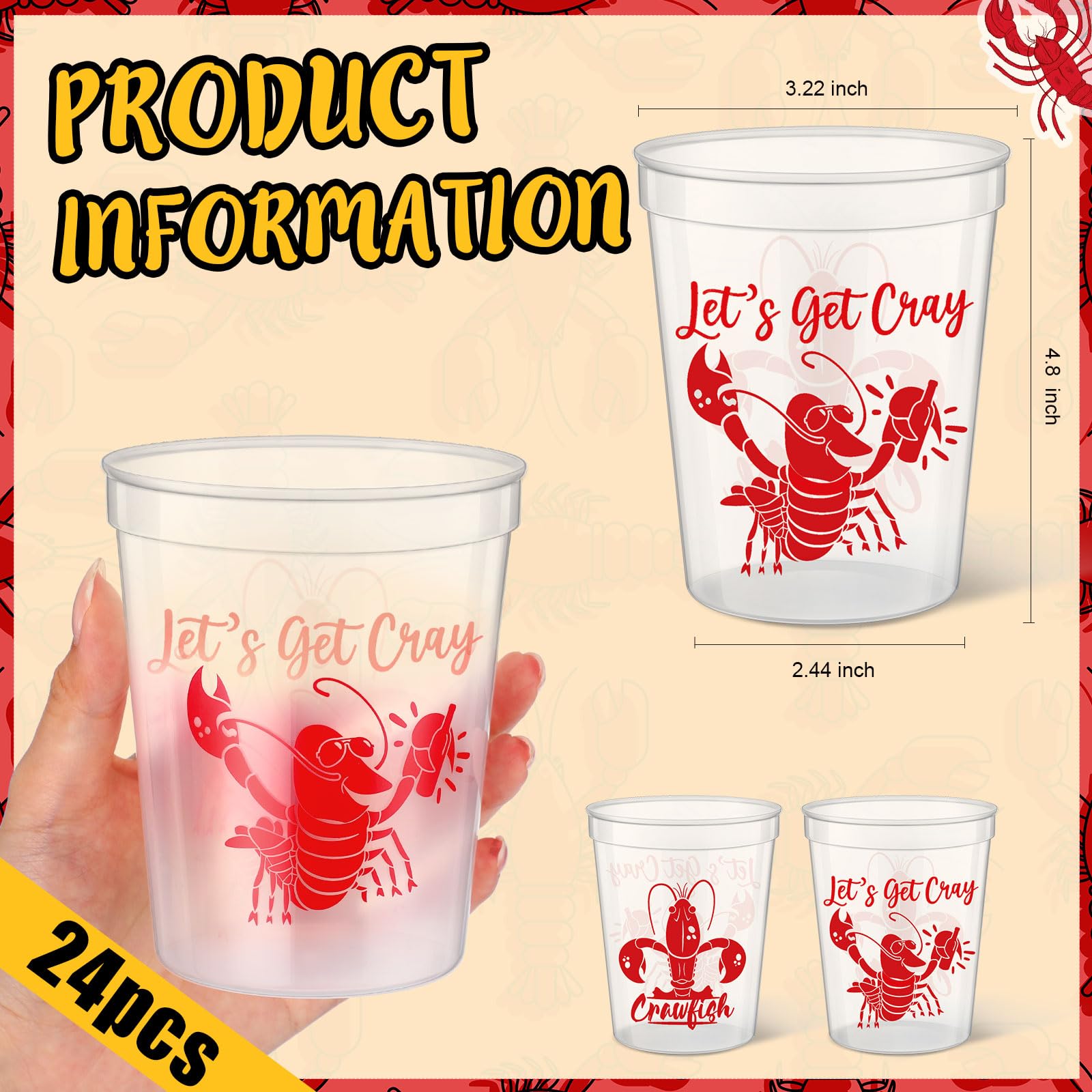 Funnymoom 24 Pcs Plastic Crawfish Cups 16 oz Reusable Thick Crawfish Boil Party Supplies Clear Drinking Cups for Birthday Lobster Seafood Party Decorations Favors Gift