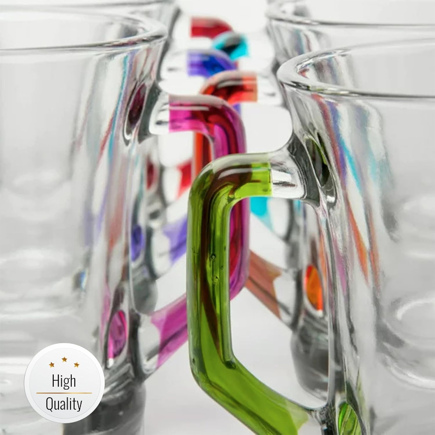 Hakan Manhattan Clear Glass Tea Cups of 6 with Colorful Handles, 6 Pcs, 7.5 Oz (225 cc), Glass Coffee Cups with Rainbow Handles Transparent Clear Glasses for Hot Cold Beverages in Gift Box