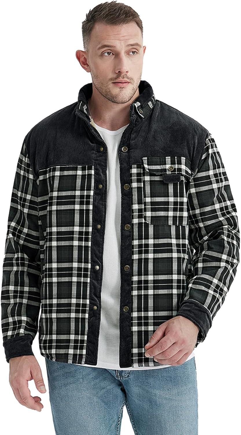 Eisctnd Men's Sherpa Lined Flannel Jacket Outdoor Long Sleeve Plaid Fleece Shirt Warm Casual Button Down Coat - Image 2
