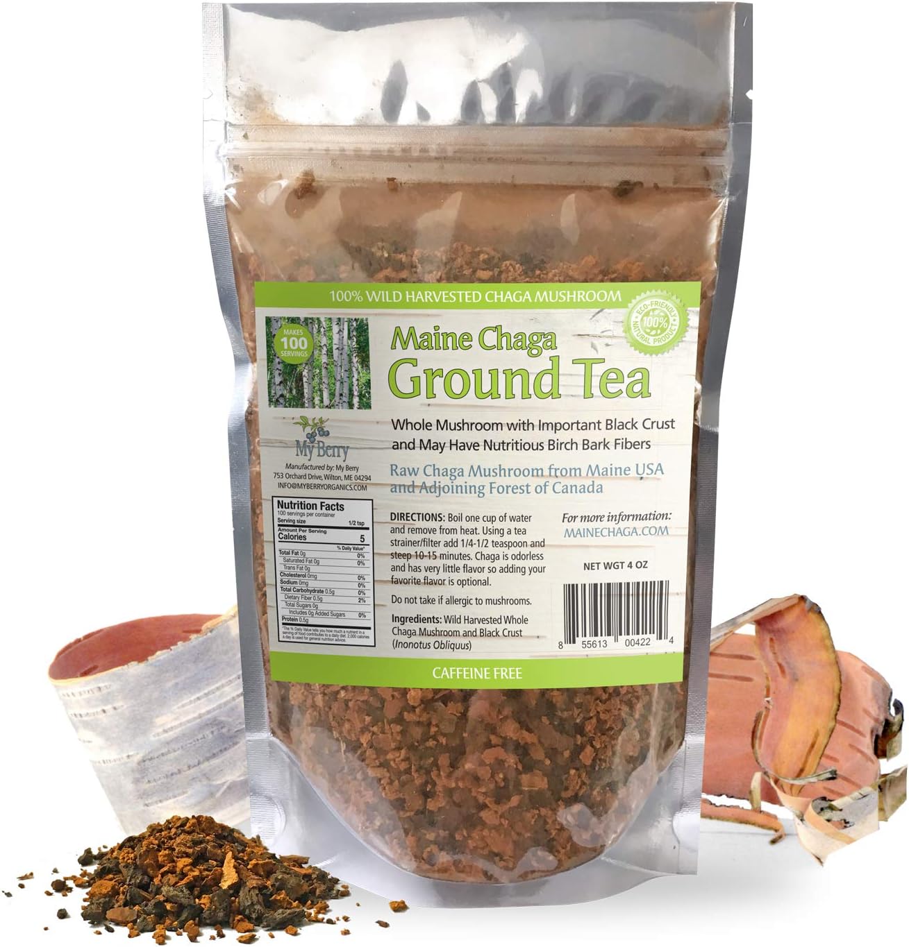 Chaga Ground Herbal Tea by My Berry | 100% Canadian Wild-Harvested | Additive-Free & Caffeine-Free | Coarse Ground Loose Tea | 4oz