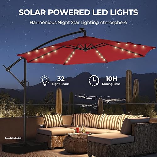 Miniatura 5 de Paraguas de patio voladizo con luces solares de 10 pies, con luz y base, con luz LED, para colgar en el patio, sombrilla de mercado al aire libre,