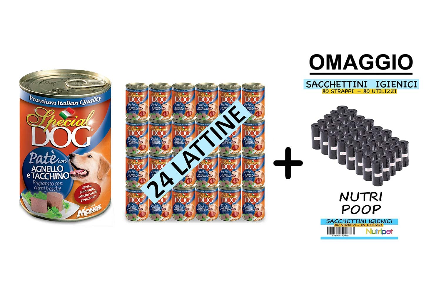 24 Dosen Special Dog Monge 400 g Pastete verschiedene Geschmacksrichtungen mit 80 NutriPoop Rissen gratis (Lamm und Truthahn)