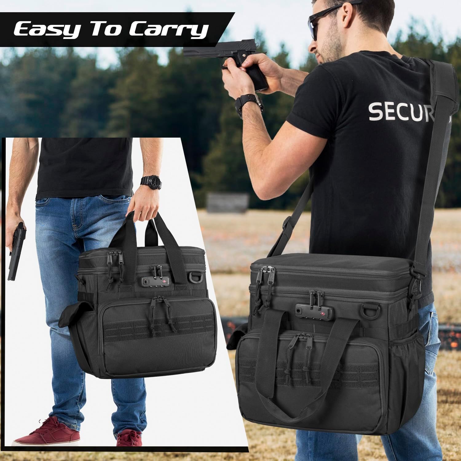 GOBUROS Tactical Gun Range Bag with 3 Pistols Capacity and TSA Lock, Gun Duffle Bag with 2 Small Pistol Cases and 12x Magazine Slots, Multi-Pockets for Hunting and Shooting Range Gear, Black