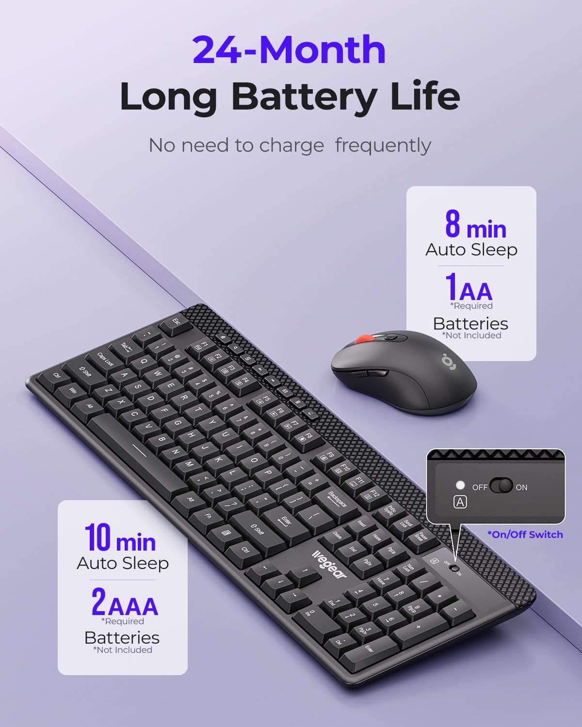 Wireless Keyboard and Mouse Combo, 5-Level Adjustable 4000 DPI Mouse, Quiet 2.4G Full Size Keyboard with 8 Additional Shortcuts, Silent Typewriter for PC, Desktop, Laptop, MacBook