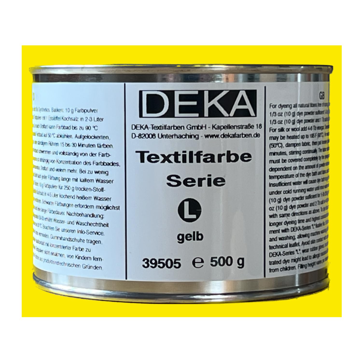 CREATIV DISCOUNT DEKA-Textilfarbe, Batikfarben, Stoff-Färbefarben, Serie L, lichtecht, 500g (Gelb)