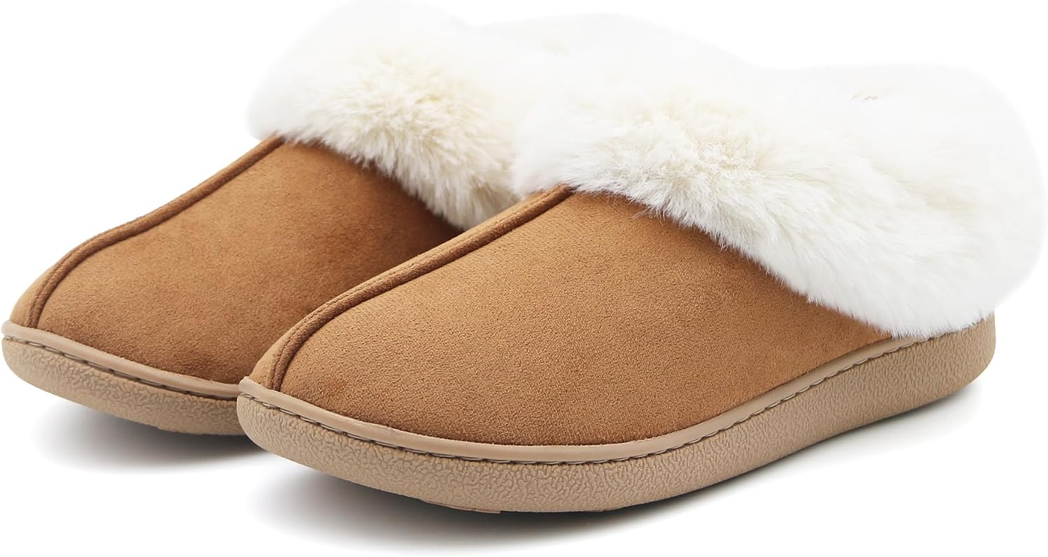 Jerzmy House Slippers for Women, Memory Foam Fuzzy Woman Slippers Suede Faux Fur with Arch Support Plush Lining Collar, Comfy Warm Winter Home Shoes for Indoor Outdoor