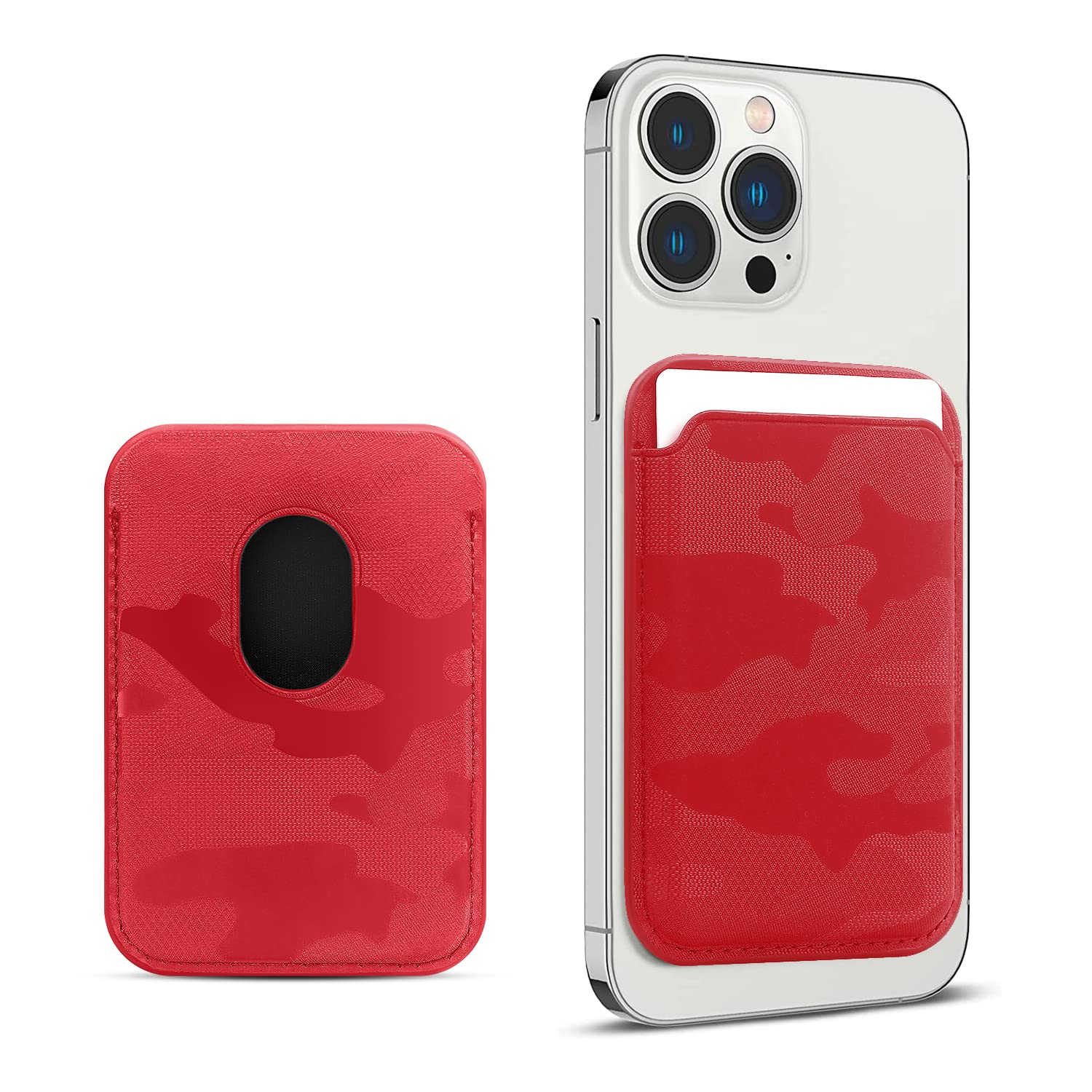 FIDWALL Magsafe Wallet Portafoglio Tessuti in Pelle per iPhone 16/15/14/13/12 Max/Pro/Plus/mini,con Anello in Ferro per all Phone Case,RFID Card Holder con Magsafe Magnete (Rosso mimetico)