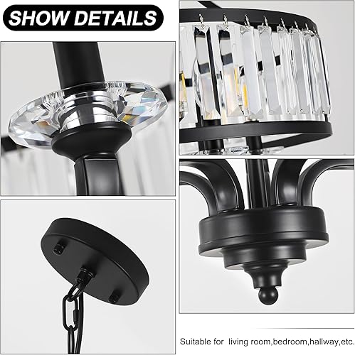 Miniatura 7 de Candelabro moderno de cristal negro de 20 pulgadas, iluminación colgante de granja de 5 luces con cadena ajustable, accesorio colgante contemporáneo