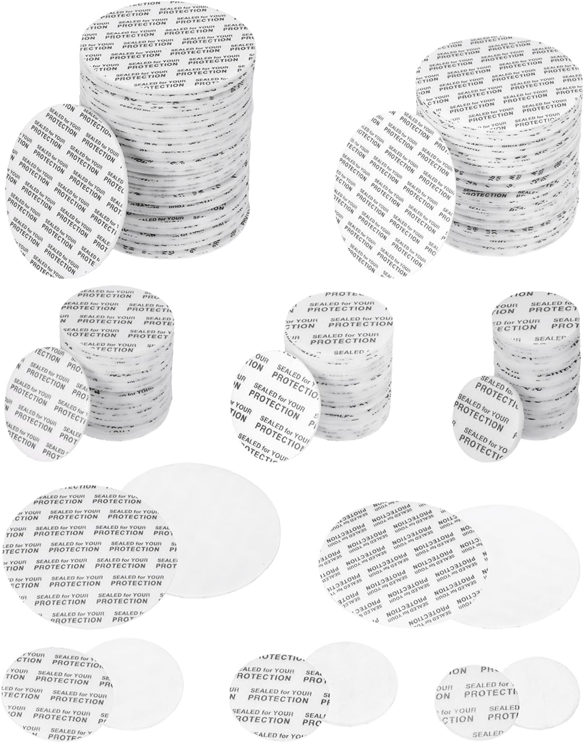 PATIKIL 250pcs Foam Lid Liners 20/24/28/38/51mm Adhesive PS Pressure Sensitive Seals for Jar Bottle Caps - Leak-Proof Black Text White Inserts
