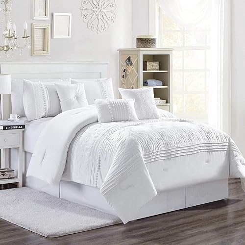 Chezmoi Collection Grace - Juego de edredón de 7 piezas de felpilla bordada con pompones, diseño floral blanco a rayas, tamaño California King