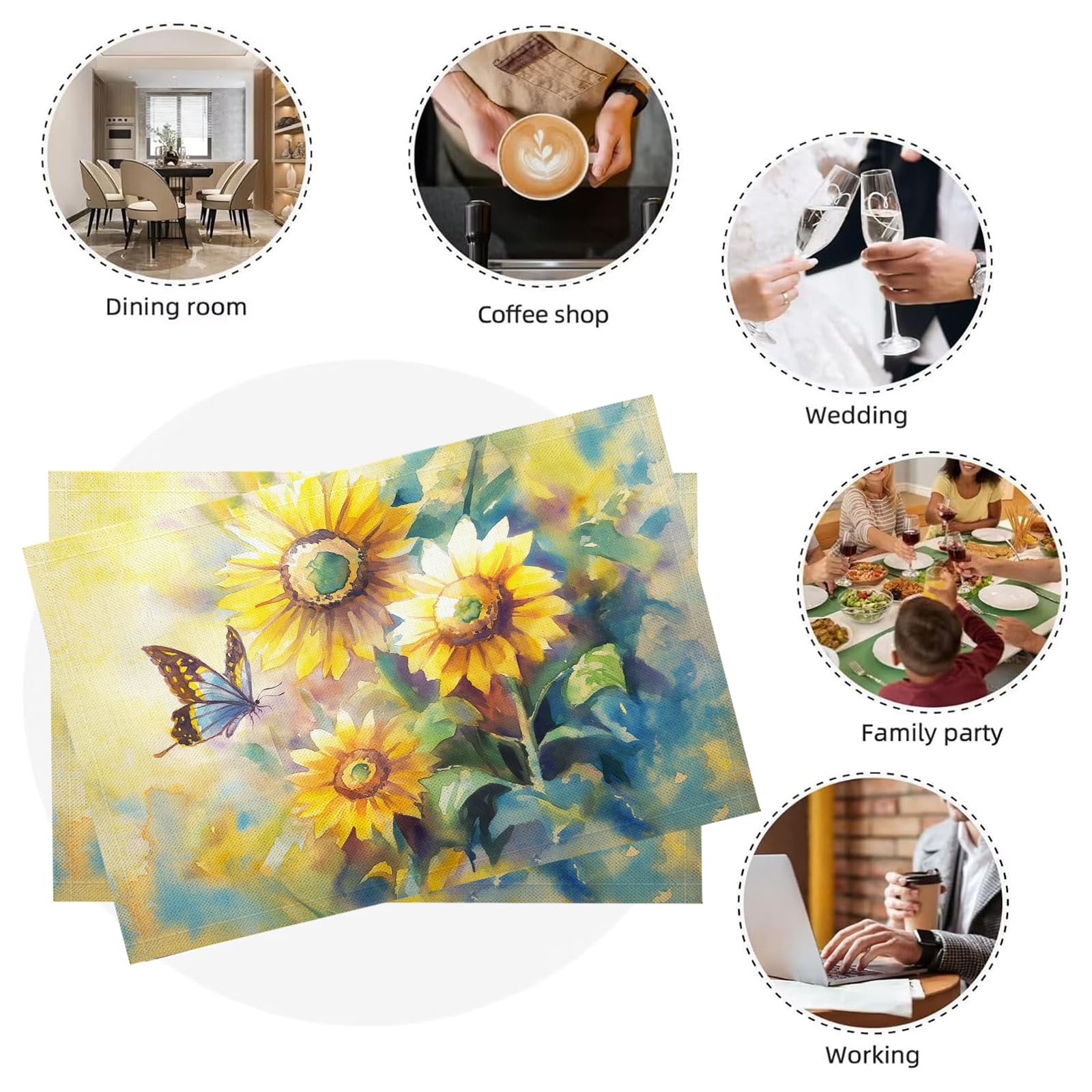 Set di 8 Tovagliette Americane Lavabili Cotone Lino Retrò - Tovaglietta Americana Resistenti al Calore Durevole Farfalla girasole - per Colazione Pranzo 30×45 cm
