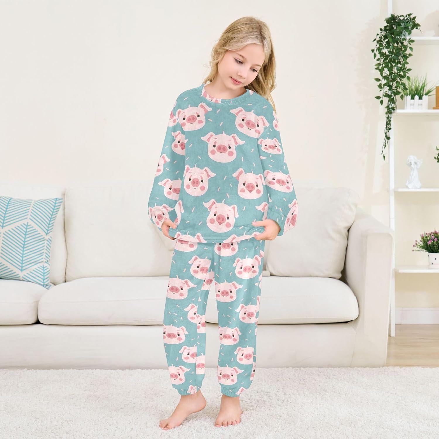 Kids Flannel Sets Cute Pig Face Pattern Warm Plush Relaxed Clothing for Boys and Girls